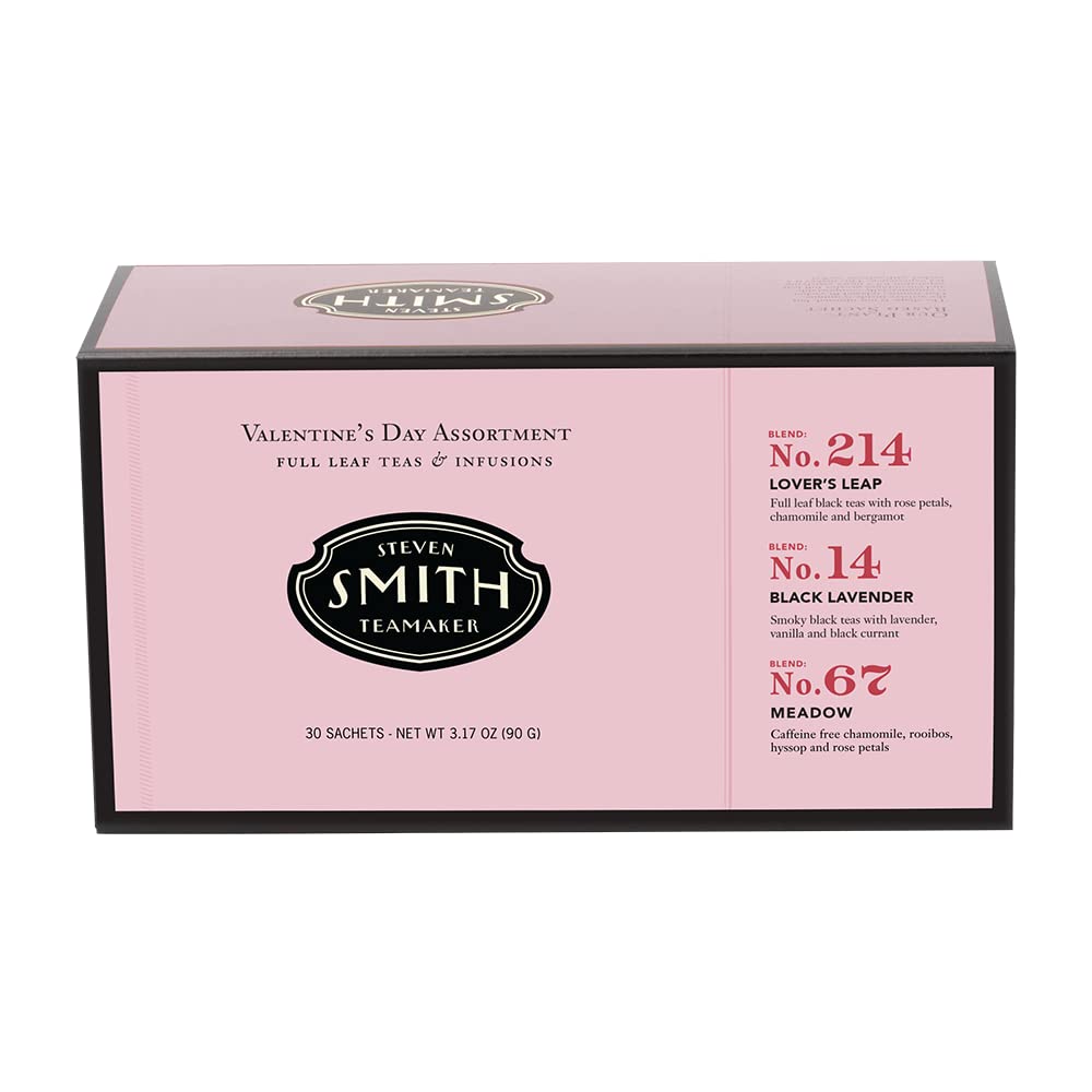 Smith Teamaker Valentine'S Day Assortment, Seasonal, Lover'S Leap, Black Lavender, Big Hibiscus, Black, Herbal Organic Full Leaf Teabags, 30 Sachets, 2.78Oz
