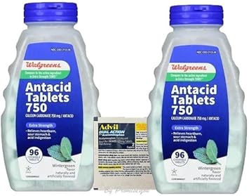 Extra Strength Walgreens Antacid Chewable Tablets And Advil Dual Action Travel Medicine Packet (Wintergreen 750Mg (Extra Strength))