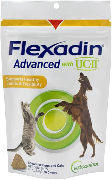 Vetoquinol Flexadin Advanced Dog Hip and Joint Supplement with UC-II Collagen, One Chew a Day Hip and Joint Support Chew for Dogs and Cats, Clinically Proven Vet-Approved Formula, 30 Chews
