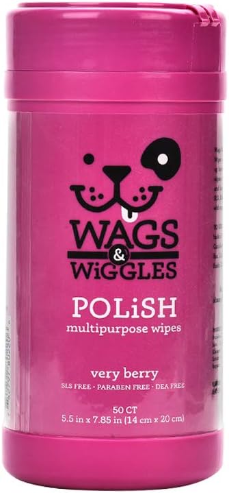 Wags & Wiggles Polish Multipurpose Wipes for Dogs | Clean & Condition Your Dog's Coat Without A Full Bath | 50 Count Dog Wipes in Very Berry Scent Dogs Love