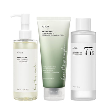 Anua Best Seller Trio : Heartleaf Pore Control Cleansing Oil & Heartleaf Quercetinol Pore Deep Cleansing Foam & Anua Heartleaf 77 Soothing Toner, Double Cleansing, Gentle Korean Skincare