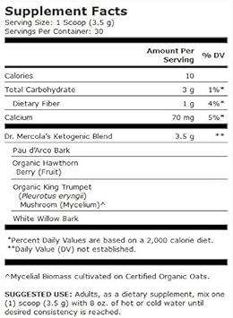 Dr. Mercola MITOMIX Ketogenic Blend PAU d?Arco and Organic King Trumpet Mushroom, 30 Servings (3.7 oz.) 1 Bag, Non GMO, Soy Free, Gluten Free