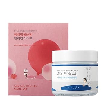 Round Lab Birch Juice Moisturizing Cream 80Ml + Camellia Deep Collagen Firming Mask 4Ea, Collagen Mask, Pore Minimizing, Hydration Cream, Acne-Prone Skin