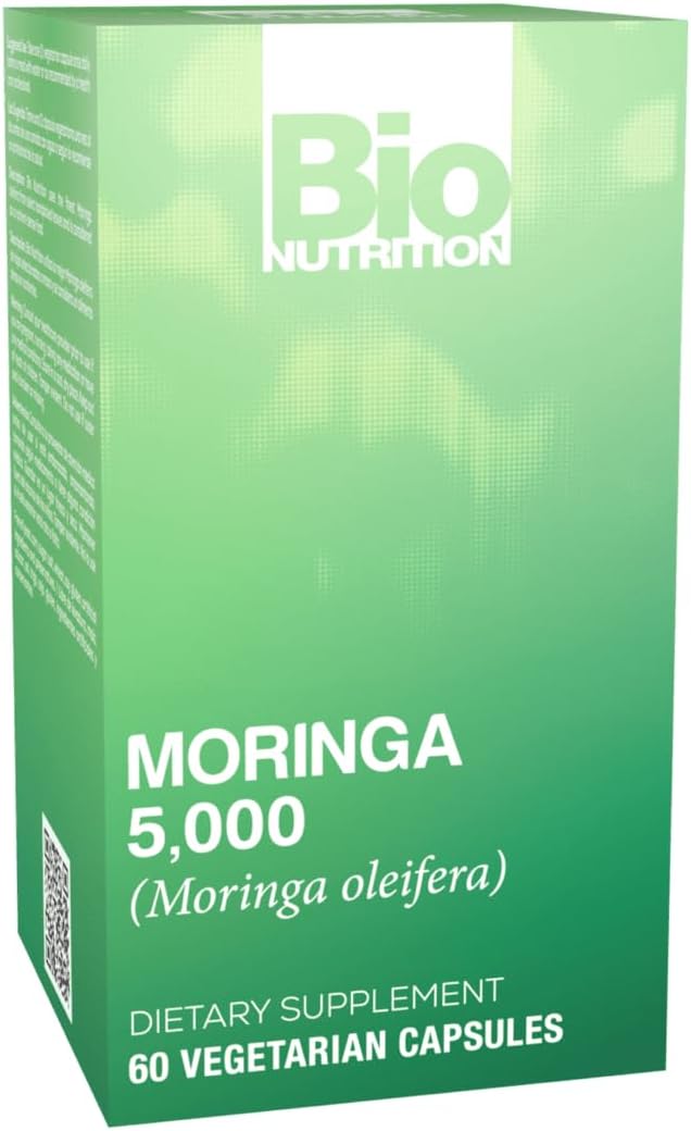 Bio Nutrition Moringa 5000Mg 60 Vegetarian Capsules | Complete Green Superfood | Nature'S Multivitamin | Energy And Gut Health