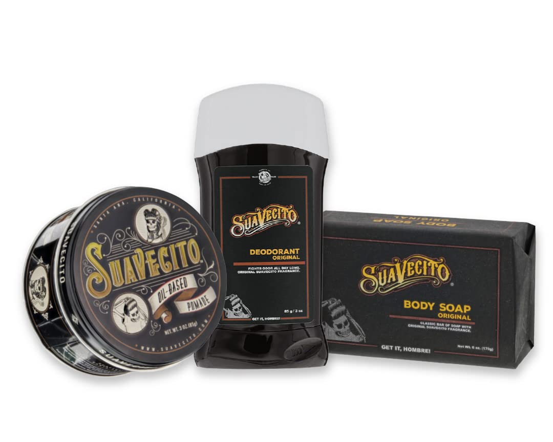 Suavecito Pomade Signature Scent Essentials Bundle: Hair Styling Pomade, Aluminum Free Deodorant, Moisturizing Body Soap