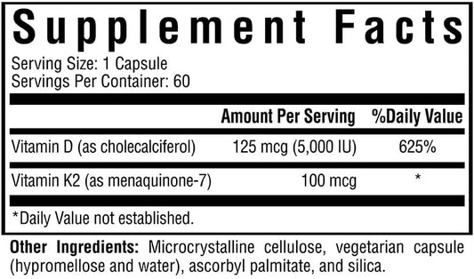 Vitamin D3 + K2 | 5000 Iu Of D3 (As Cholecalciferol) For Optimal Calcium Absorption | 100 Mcg Of K2 (As Menaquinone-7) For Circulatory Health | Supports Bone & Immune Health | 60 Vegetarian Capsules