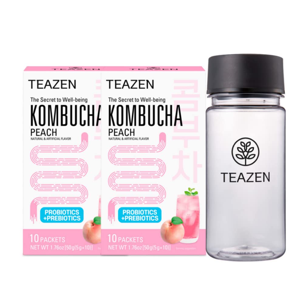 Teazen Kombucha Peach Flavor 2 Pack With Classic Eco Bottle (Kombucha Powder 20 Sticks, Eco Bottle 1Ea X 11.8Oz)