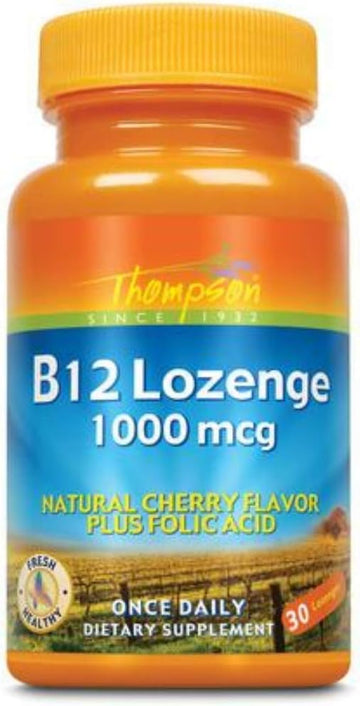Thompson B12 + Folic Acid, Lozenge, Cherry (Btl-Plastic) 1000mcg | 30ct : Health & Household