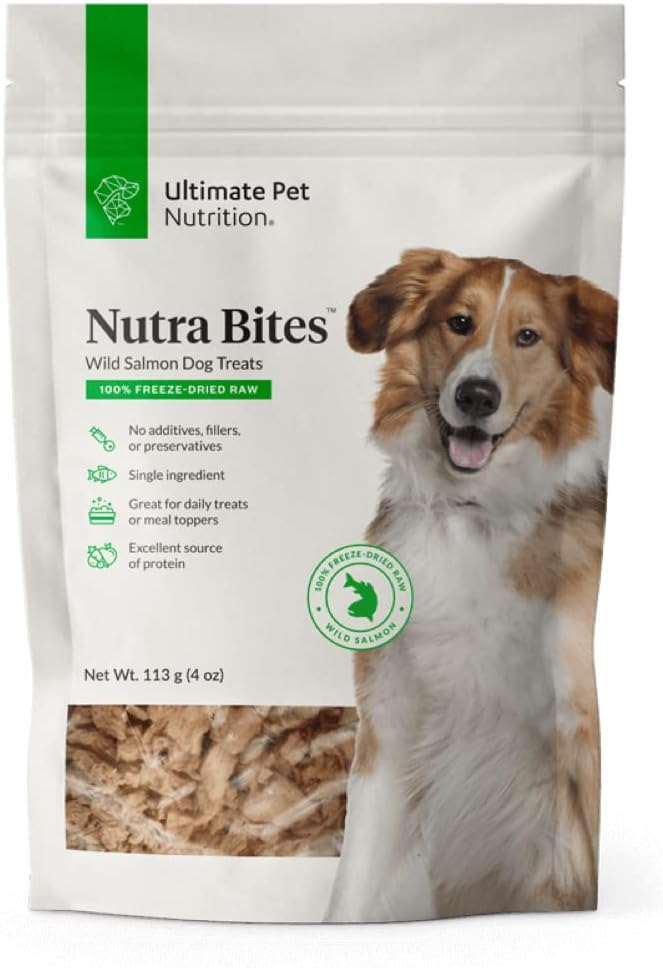 Ultimate Pet Nutrition Nutra Bites Freeze Dried Raw Single Ingredient Training Treats Food Topper For Dogs, 4 Ounces, Wild Salmon