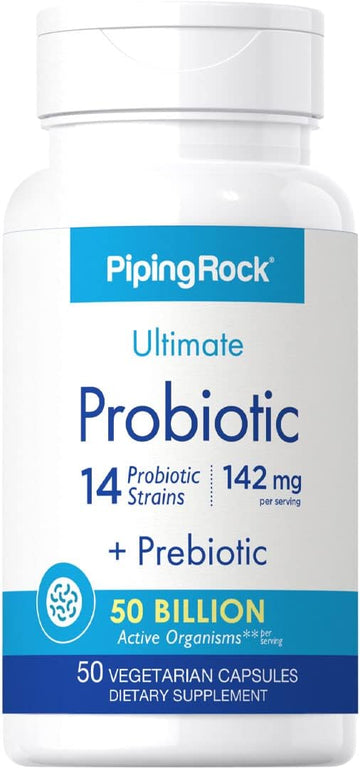 Piping Rock Probiotic Multi Enzyme | 50 Capsules | 142mg | with Prebiotics | Digestive Formula for Men and Women | 14 Strains | 50 Billion Active Organisms | Non-GMO & Gluten Free Supplement