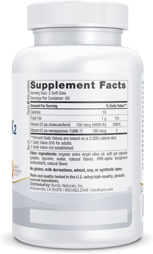 Nordic Naturals Professional Grade Vitamin D3+K2 Supplement, Orange Flavor - 60 Soft Gels - 4000 Iu Vitamin D3 & 180 Mcg K2- Promotes Calcium Balance & Immune Function - Non-Gmo - 30 Servings
