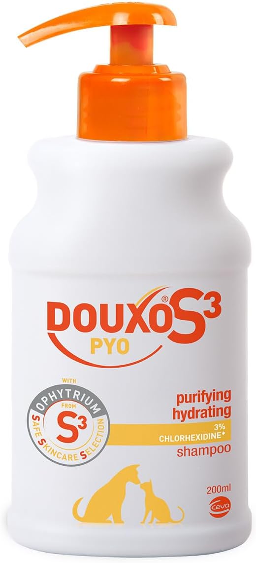 Douxo S3 Pyo Shampoo, Antibacterial & Anti-Yeast Shampoo For Dogs & Cats, Yeast Overgrowth Shampoo For Dogs, Vet Recommended Cat & Dog Disinfecting Shampoo, Chlorhexidine For Dogs, 200Ml