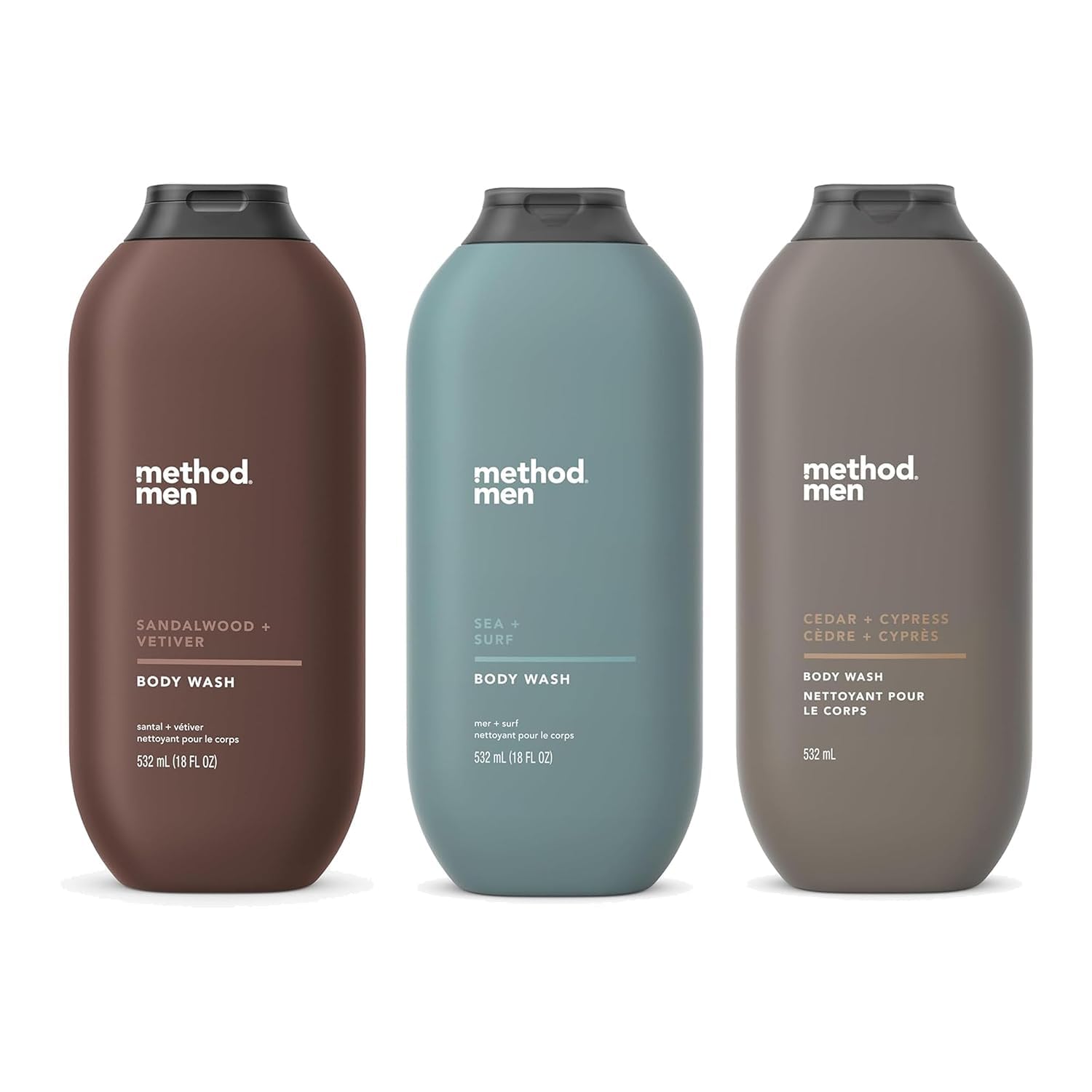 Method Men Body Wash Variety Pack - 3 Scents - Sandalwood + Vetive, Sea + Surf, Cedar + Cypress - 18 Fl Oz Each