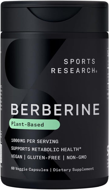 Sports Research Berberine - Herbal Ayurvedic Metabolic Health Support - 1000 Mg - 60 Capsules - Vegan Certified, Gluten-Free, Non-Gmo