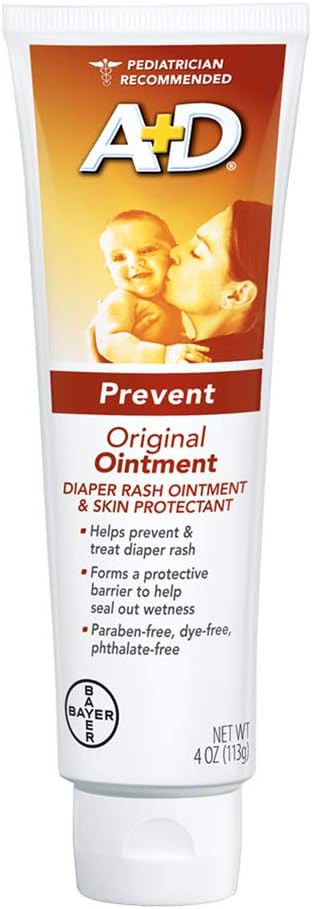 A+D Original Diaper Rash Ointment, Baby Skin Protectant With Lanolin and Petrolatum, Seals Out Wetness, Helps Prevent Diaper Rash, 4 Ounce Tube