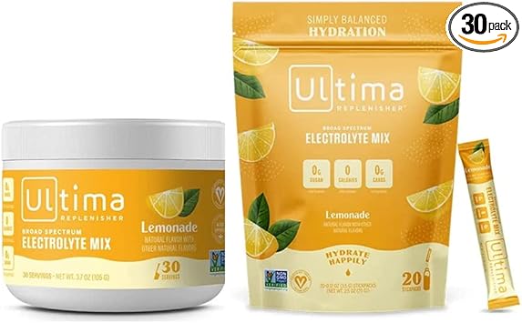 Ultima Replenisher Electrolyte Drink Mix Bundle – Lemonade, 30 Serving Canister & 20 Stickpacks – 6 Electrolytes & Minerals – Keto Friendly, Vegan, Non-Gmo & Sugar-Free Electrolyte Powder