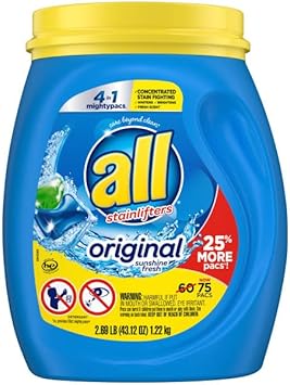 All With Stainlifters Original Mighty Pacs Laundry Detergent Pacs, 4 In 1 Stainlifters, One Tub, 75 Count