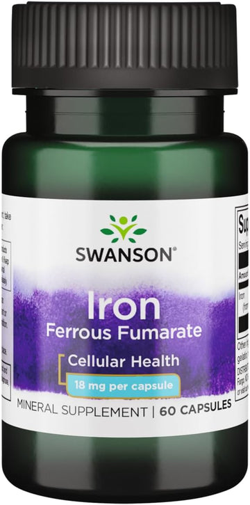 Swanson Iron (Ferrous Fumarate) - Mineral Supplement Promoting Energy Support - High-Concentration Formula Assists In Oxygen Delivery & Fatty Acid Metabolism - (60 Capsules, 18Mg Each)