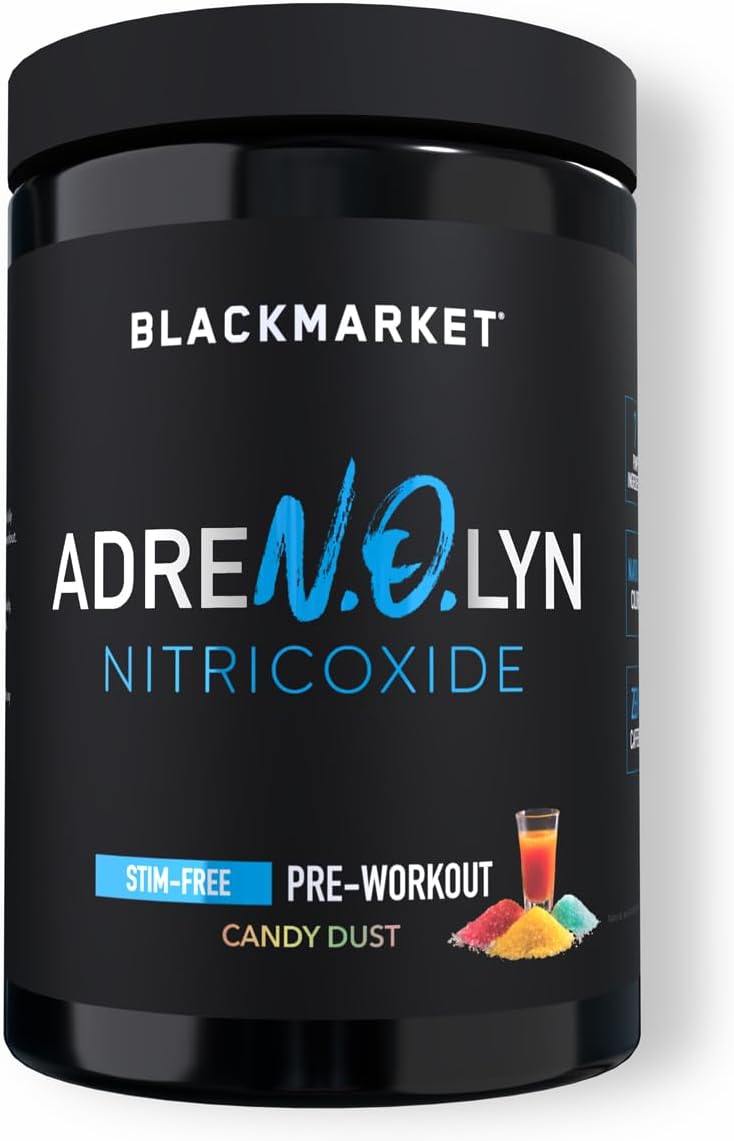 Blackmarket Adrenolyn Stim Free Pre Workout - Caffeine Free Flavored Powdered Drink Mix For Men & Women, Nitric Oxide Booster, Non Stimulant (Candy Dust, 25 Servings)