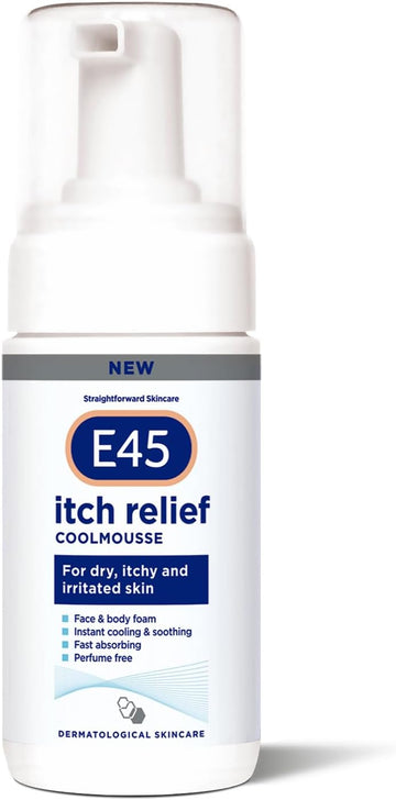 E45 Itch Relief Coolmousse 100ml – Face and Body Foam for Dry Skin, Itchy Skin and Irritated Skin - Cooling Foam to Soothe Itchy Skin