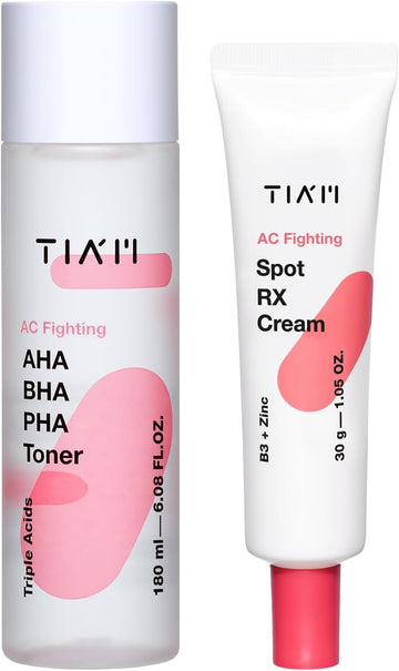 Tiam Clear Spot Duo: Ac Fighting Aha Bha Pha Toner & Ac Fighting Spot Rx Cream, Gentle Exfoliation, Even Skin Tone Korean Skincare Set