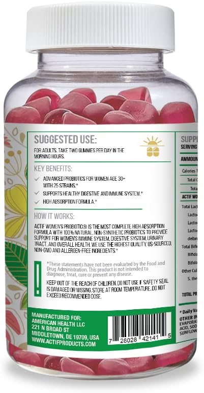 Actif Women’S Probiotic Gummies Maximum Strength With 120 Billion Cfu And 25 Strains, Immunity And Gut Support, 100% Vegan Non-Synthetic Formula - Made In The Usa, 60 Gummies, Strawberry Flavor