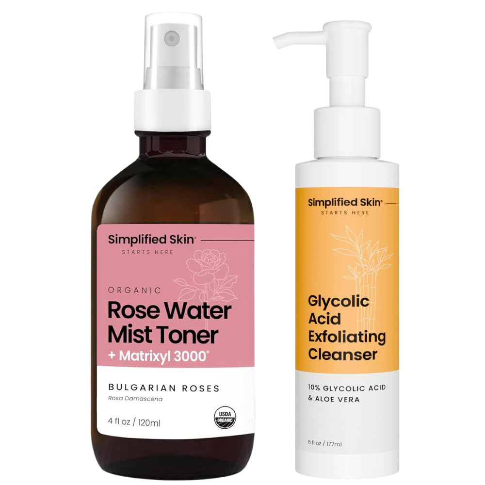 Simplified Skin Face Wash & Rose Water Spray Set – Exfoliating Glycolic Acid Cleanser + Hydrating Mist With Matrixyl 3000, Hyaluronic Acid & Aloe – Gentle Daily Skincare Duo