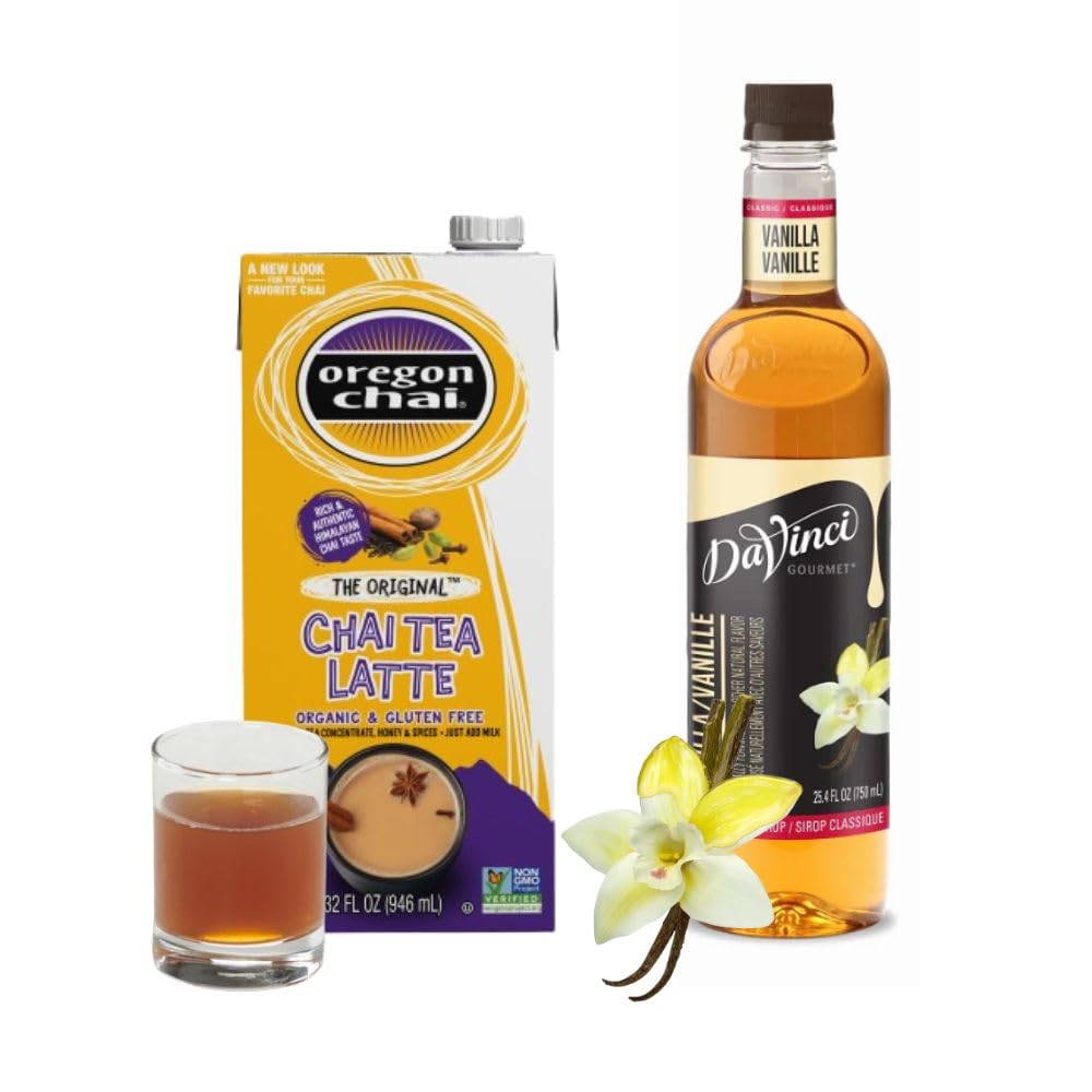 Oregon Chai Original Chai Concentrate 32 Fl Oz (Pack Of 1) & Davinci Gourmet Classic Vanilla Syrup 25.4 Fl Oz (Pack Of 1) Vanilla Chai Tea Bundle Pack