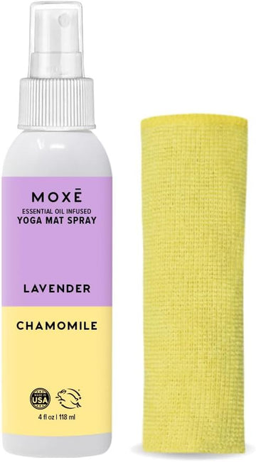 Moxe Yoga Mat Cleaner Lavender & Chamomile Essential Oils, 4 Ounces, Safe For All Mats & Exercise Equipment, Odor & Sweat Protection, Made In Usa