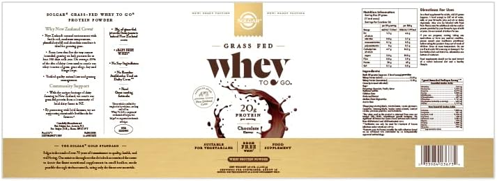 Solgar Grass Fed Whey to Go Protein Powder Chocolate, 2.3 lb - 20g of Grass-Fed Protein from New Zealand cows - Great Tasting & Mixes Easily - Supports Strength & Recovery - Non-GMO, 36 servings : Health & Household