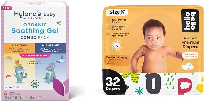 Hyland's Baby - Organic Day/Night Soothing Gel Combo Pack, Natural Relief of Oral Discomfort (2 Tubes of 0.53 oz.) + Hello Bello Premium Baby Diapers Size Newborn, 32 Count : Baby