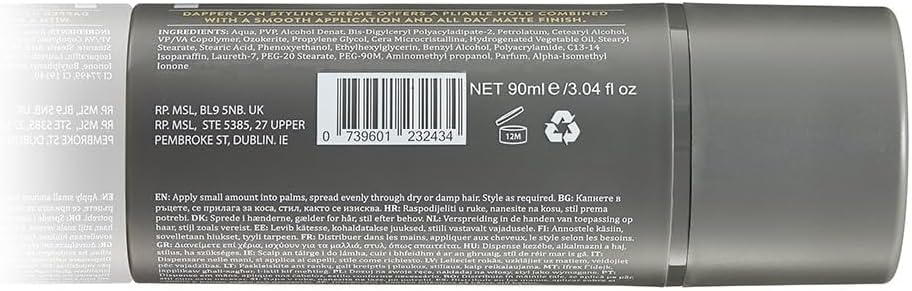 Dapper Dan Matte Cream Pomade, Light To Medium Hold Styling Hair Cream For Men, For All Day Hold Long Matte Texture And Hold, Light Fresh Fragrance, 1 X 90Ml
