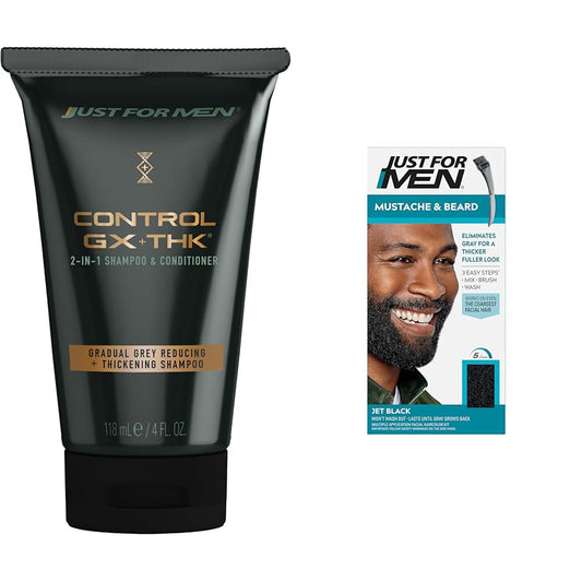 Just for Men Control GX + THK Grey Reducing and Thickening 2-in-1 Shampoo & Conditioner, 4 oz (Pack of 1) Mustache & Beard, Jet Black, M-60, Pack of 1 : Beauty & Personal Care