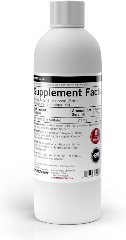 Kirkman – Zinc Liquid - New Formulation –– 16 Oz –– Flavored With Natural Raspberry –– Free Of Common Allergens