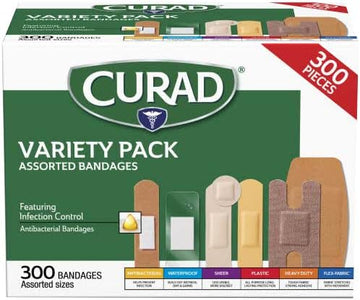 Curad Assorted Bandages Variety Pack 300 Pieces, Including Antibacterial, Heavy Duty, Fabric, And Waterproof Bandages