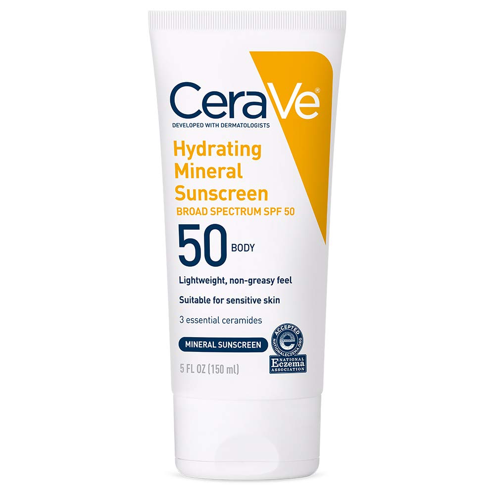 Cerave 100% Mineral Sunscreen Spf 50 | Body Sunscreen With Zinc Oxide & Titanium Dioxide | Hyaluronic Acid & Ceramides | Oil Free & Non-Greasy | Hydrating Mineral Sunscreen For Body | 5 Oz