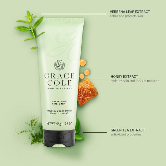 Grace Cole Grapefruit Lime & Mint Scented Shea Body Butter 225Ml Refreshing & Moisturising - Essential Oils - Vegan And Cruelty Free, No Sls Or Parabens - Made In England