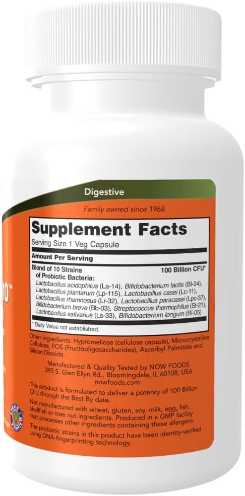 NOW Supplements, Probiotic-10?, 100 Billion, with 10 Probiotic Strains,Dairy, Soy and Gluten Free, Strain Verified, 60 Veg Capsules