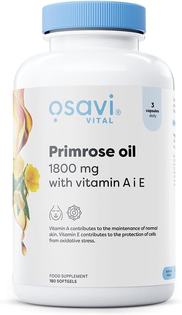 Osavi Primrose Oil 1800 Mg With Vitamin A & E – 180 Softgels | Cold–Pressed Evening Primrose Oil With Gla, Enriched With Vitamin A & E | Supports Skin Health & Cell Protection