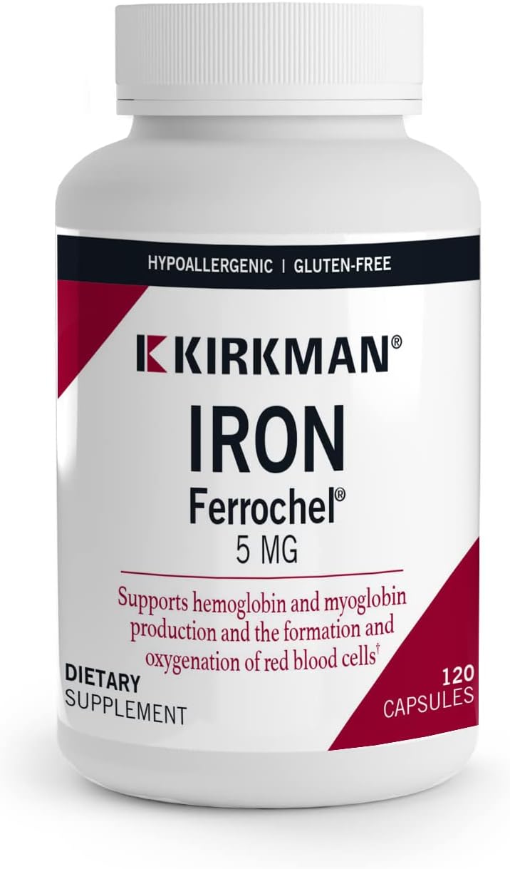 Kirkman - Iron Ferrochel 5Mg - 120 Capsules - Aids Hemoglobin & Myoglobin Production - Supports Red Blood Cells Formation - Hypoallergenic