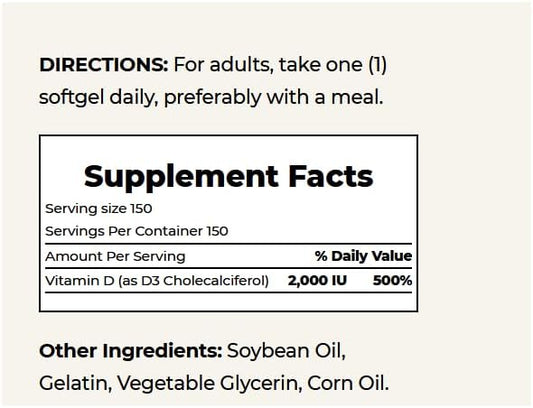 Nature'S Bounty Vitamin D, Supports Immune Health & Bone Health, 2000Iu Vitamin D3, 150 Softgels ,150 Count (Pack Of 1)