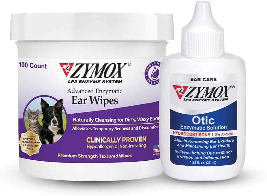 Zymox Otic Ear Solution And Enzymatic Ear Wipes For Dogs And Cats - Product Bundle - For Dirty, Waxy, Smelly Ears And To Soothe Ear Infections, 100 Count Wipes And 1.25Oz Bottle