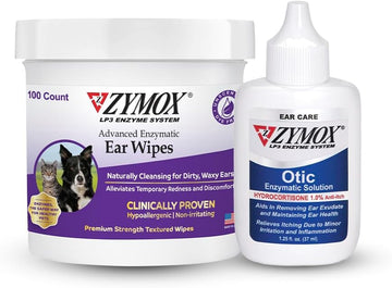 Zymox Otic Ear Solution And Enzymatic Ear Wipes For Dogs And Cats - Product Bundle - For Dirty, Waxy, Smelly Ears And To Soothe Ear Infections, 100 Count Wipes And 1.25Oz Bottle