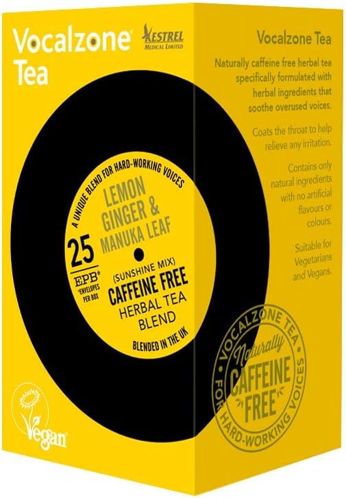 Vocalzone Tea For Throat & Voice Care – Lemon Ginger & Manuka Leaf. Caffeine Free Herbal Tea Blend. 25 Tea Bags. Contains Liquorice, Slippery Elm