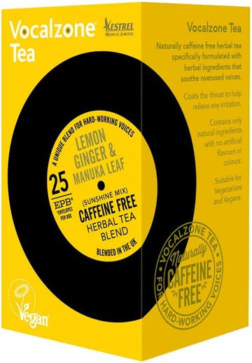 Vocalzone Tea For Throat & Voice Care – Lemon Ginger & Manuka Leaf. Caffeine Free Herbal Tea Blend. 25 Tea Bags. Contains Liquorice, Slippery Elm