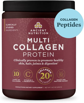 Ancient Nutrition Collagen Peptides Powder, Multi Collagen Protein, Women & Men, Vitamin C, Probiotics, Hydrolyzed Collagen, Supports Skin, Joints, Gut Health, Strawberry Lemonade, 24 Servings