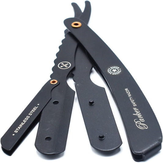 Parker Srxblk Professional Stainless Steel Clip-Style Barber Razor – Heavy-Duty Black Finish With 5 Refill Blades, Ergonomic Weight For Barbers & Straight Razor Shaving Enthusiasts