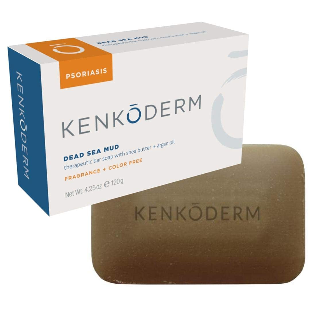 Kenkoderm Psoriasis Dead Sea Mud Soap With Argan Oil & Shea Butter, Natural Exfoliating Body & Face Cleanser For Sensitive Skin, Fragrance & Color-Free, 4.25 Ounce, 4 Bars
