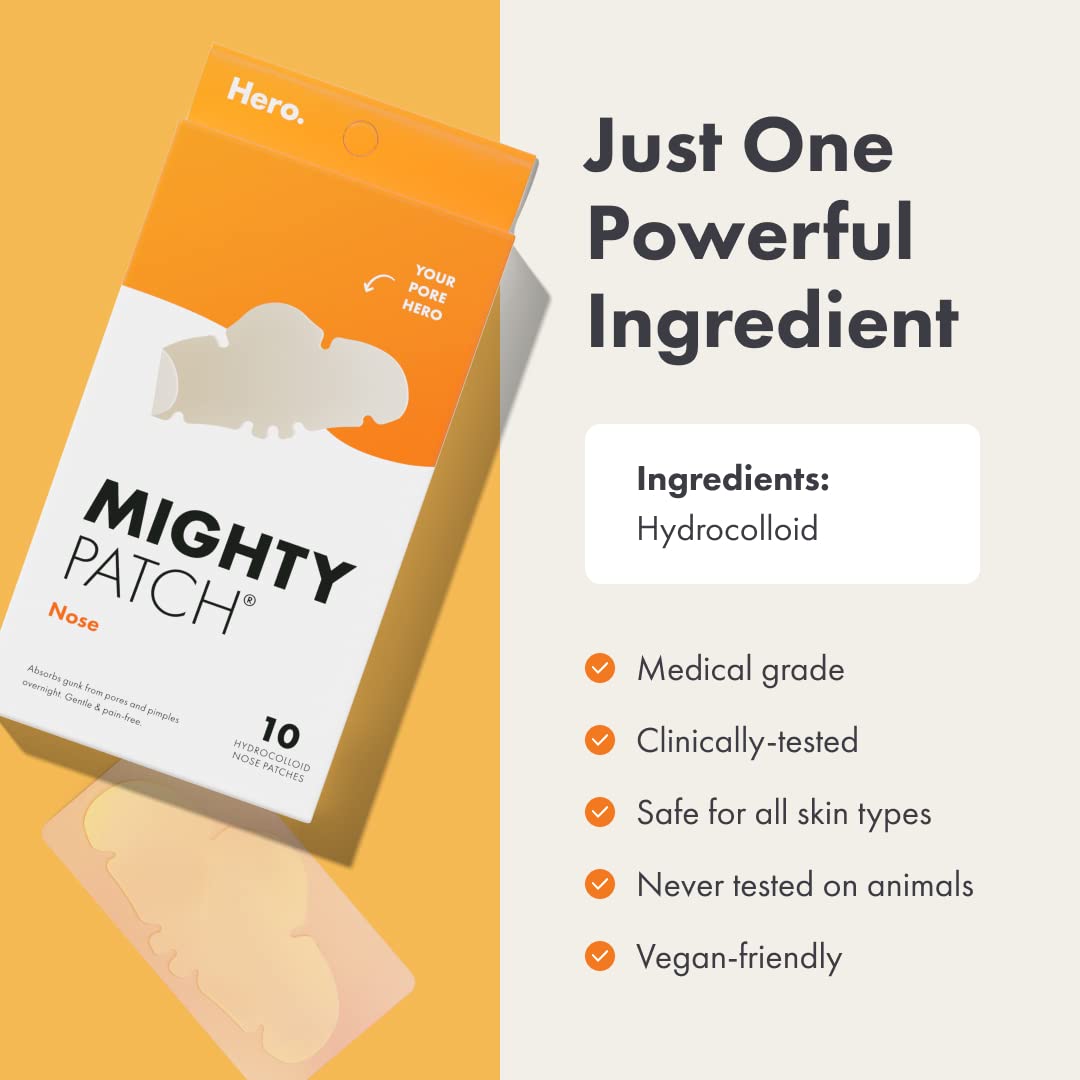 Mighty Patches for nose pores from Hero Cosmetics - XL Hydrocolloid Pimples, Zits and Oil - Dermatologist-Approved Overnight pore Strips to Absorb Acne nose Gunk (10 Count) : Beauty & Personal Care