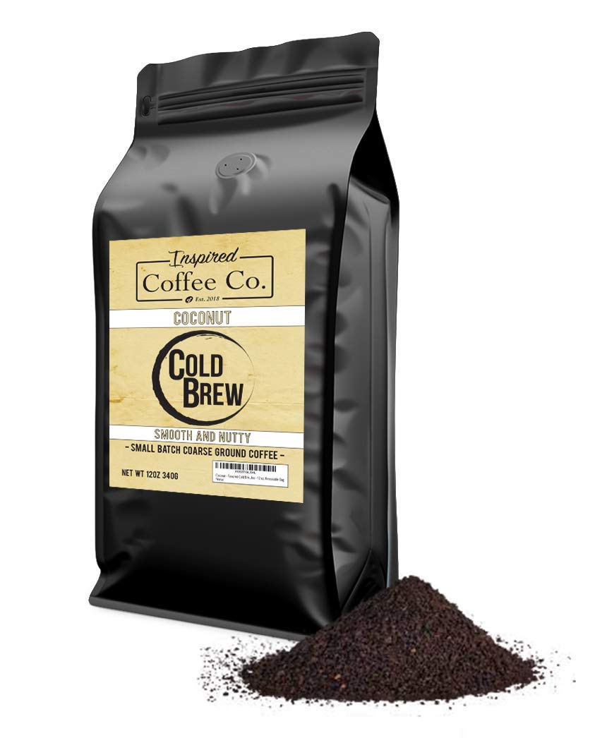 Coconut - Flavored Cold Brew Coffee Grounds - Inspired Coffee Co. Local Coarse Ground Coffee For Cold Brew - Resealable Bag 12 Oz